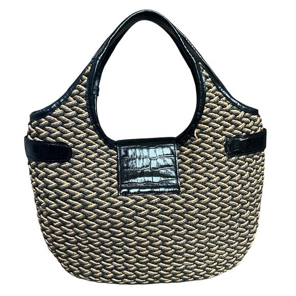 Brighton Woven Tan Straw Shoulder Bag Handbag Purse Black Croc Leather Handles - Picture 14 of 15